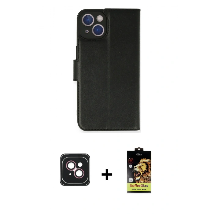 MARSİLYAN™- iPhone 14 Kılıf Siluet Işık Serisi - Siyah Buffer Cam Ekran Koruyucu + Pembe PVD Metal Kamera Lens