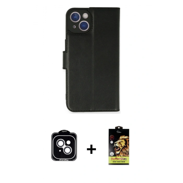 MARSİLYAN™- iPhone 14 Kılıf Siluet Işık Serisi - Siyah Buffer Cam Ekran Koruyucu + PVD Metal Kamera Lens - GS