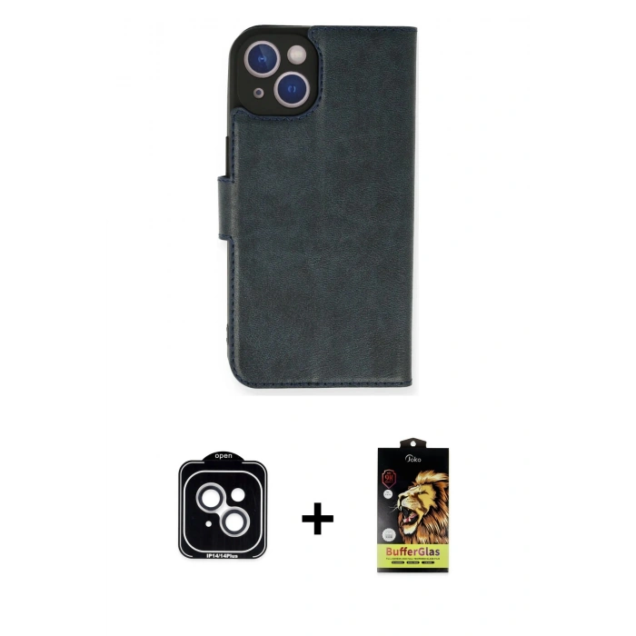 MARSİLYAN™- iPhone 14 Kılıf Siluet Işık Serisi - Siyah Buffer Cam Ekran Koruyucu + PVD Metal Kamera Lens - GS