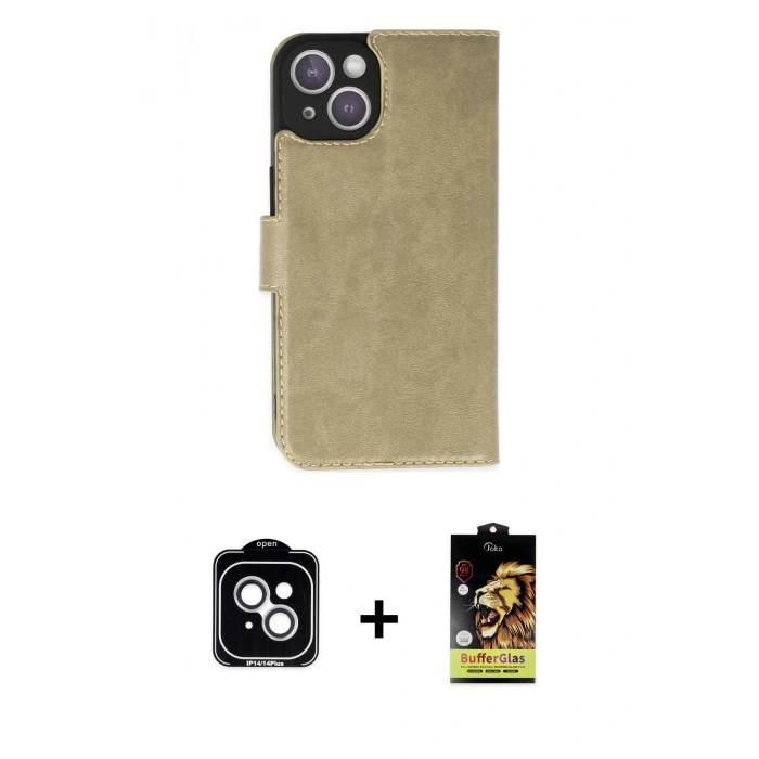MARSİLYAN™- iPhone 14 Kılıf Siluet Işık Serisi - Siyah Buffer Cam Ekran Koruyucu + PVD Metal Kamera Lens - GS