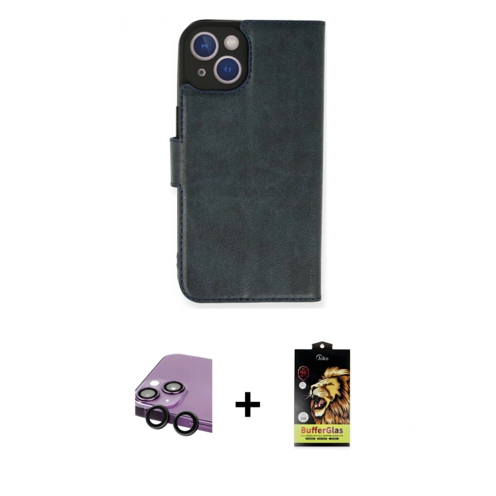 MARSİLYAN™- iPhone 14 Kılıf Siluet Işık Serisi - Siyah Buffer Cam Ekran Koruyucu + Raze Metal Kamera Lens - SH
