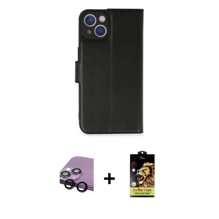 MARSİLYAN™- iPhone 14 Kılıf Siluet Işık Serisi - Siyah Buffer Cam Ekran Koruyucu + Raze Metal Kamera Lens - SH