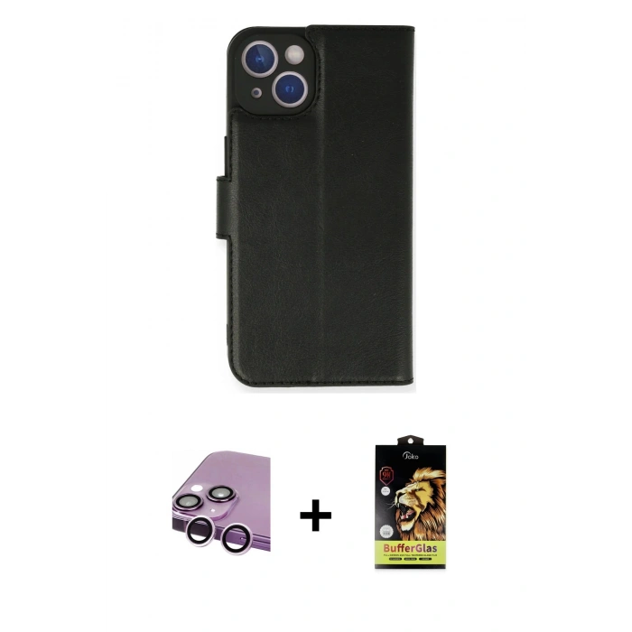 MARSİLYAN™- iPhone 14 Kılıf Siluet Işık Serisi - Siyah Buffer Cam Ekran Koruyucu + Raze Metal Kamera Lens - MR
