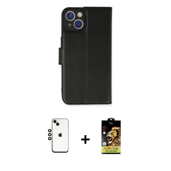 MARSİLYAN™- iPhone 14 Kılıf Siluet Işık Serisi - Siyah Buffer Cam Ekran Koruyucu + Shine Kamera Lens - SH
