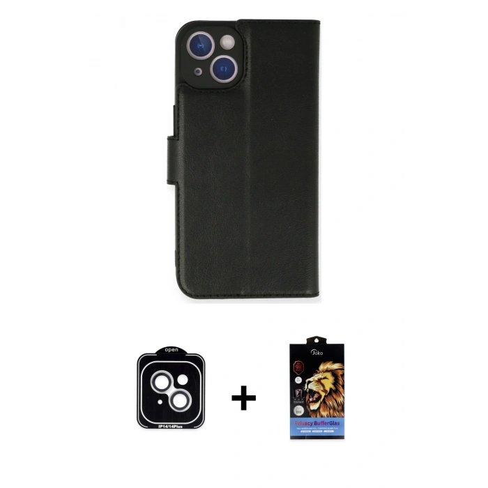 MARSİLYAN™- iPhone 14 Kılıf Siluet Işık Serisi - Siyah Buffer Hayalet Cam Ekran Koruyucu + PVD Metal Kamera Lens - GS
