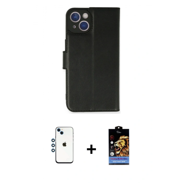 MARSİLYAN™- iPhone 14 Kılıf Siluet Işık Serisi - Siyah Buffer Hayalet Cam Ekran Koruyucu + Mavi Shine Kamera Lens
