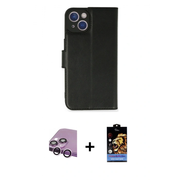 MARSİLYAN™- iPhone 14 Kılıf Siluet Işık Serisi - Siyah Buffer Hayalet Cam Ekran Koruyucu + Mor Raze Metal Kamera Lens