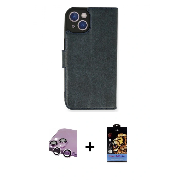 MARSİLYAN™- iPhone 14 Kılıf Siluet Işık Serisi - Siyah Buffer Hayalet Cam Ekran Koruyucu + Mor Raze Metal Kamera Lens
