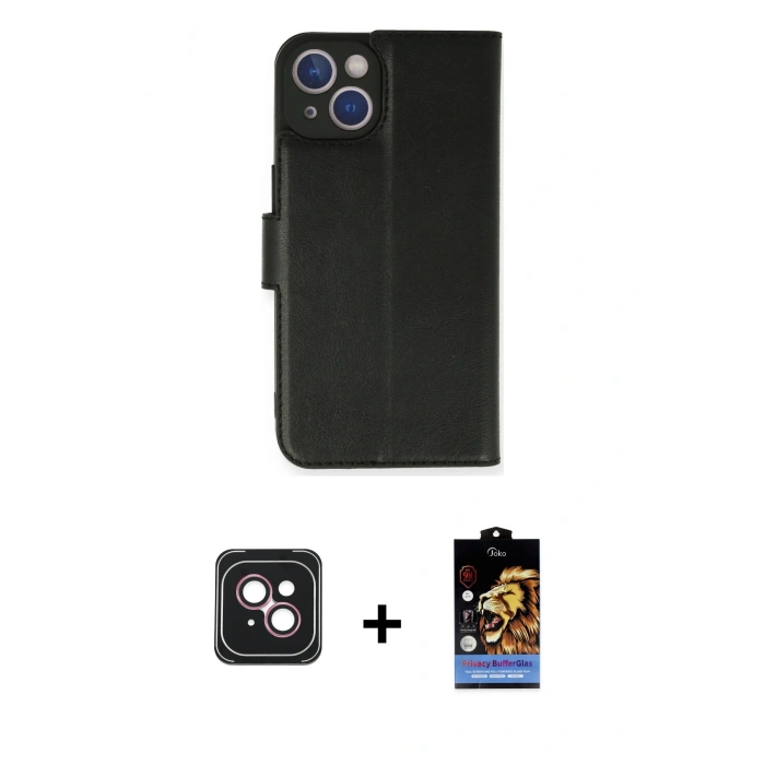 MARSİLYAN™- iPhone 14 Kılıf Siluet Işık Serisi - Siyah Buffer Hayalet Cam Ekran Koruyucu + PVD Metal Kamera Lens - PE