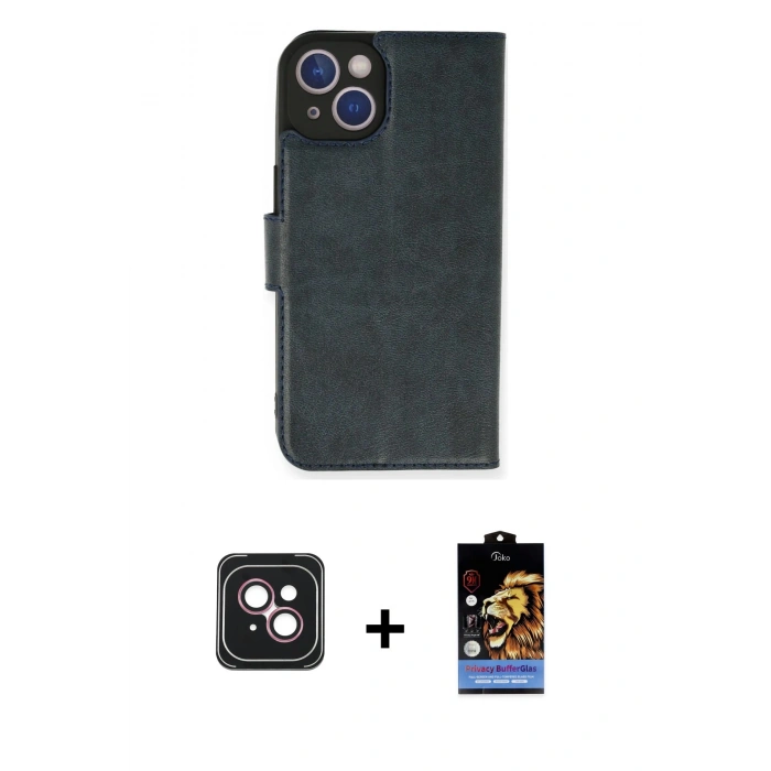 MARSİLYAN™- iPhone 14 Kılıf Siluet Işık Serisi - Siyah Buffer Hayalet Cam Ekran Koruyucu + PVD Metal Kamera Lens - PE