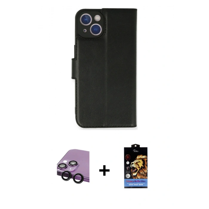 MARSİLYAN™- iPhone 14 Kılıf Siluet Işık Serisi - Siyah Buffer Hayalet Cam Ekran Koruyucu + Raze Metal Kamera Lens - SH