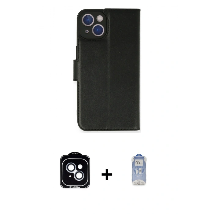MARSİLYAN™- iPhone 14 Kılıf Siluet Işık Serisi - Siyah Joko Magic 5D Cam + Mavi PVD Metal Kamera Lens