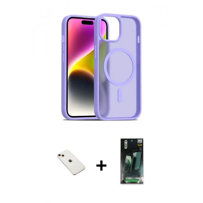 MARSİLYAN™- iPhone 14 Kılıf Siluet Minimal Prime - Şeffaf 360 Full Body Arka Koruyucu + Diamond Kamera Lens - KI