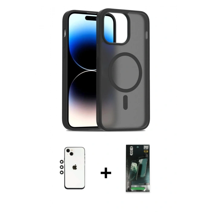 MARSİLYAN™- iPhone 14 Kılıf Siluet Minimal Prime - Şeffaf 360 Full Body Arka Koruyucu + Shine Kamera Lens - GS