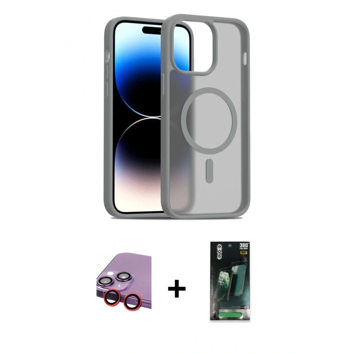 MARSİLYAN™- iPhone 14 Kılıf Siluet Minimal Prime - Şeffaf 360 Full Body Arka Koruyucu + Raze Metal Kamera Lens - KI