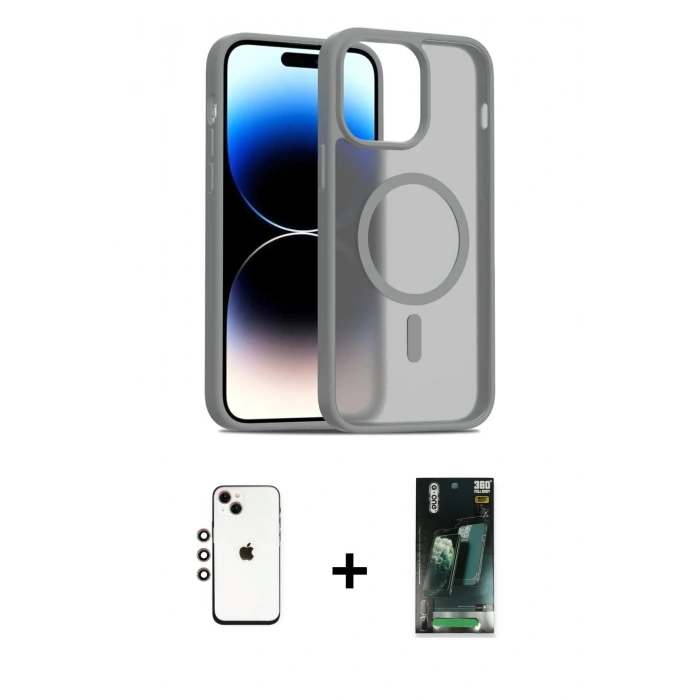 MARSİLYAN™- iPhone 14 Kılıf Siluet Minimal Prime - Şeffaf 360 Full Body Arka Koruyucu + Shine Kamera Lens - GI
