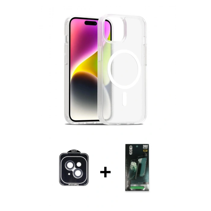 MARSİLYAN™- iPhone 14 Kılıf Siluet Minimal Prime - Şeffaf 360 Full Body Arka Koruyucu + PVD Metal Kamera Lens - SH