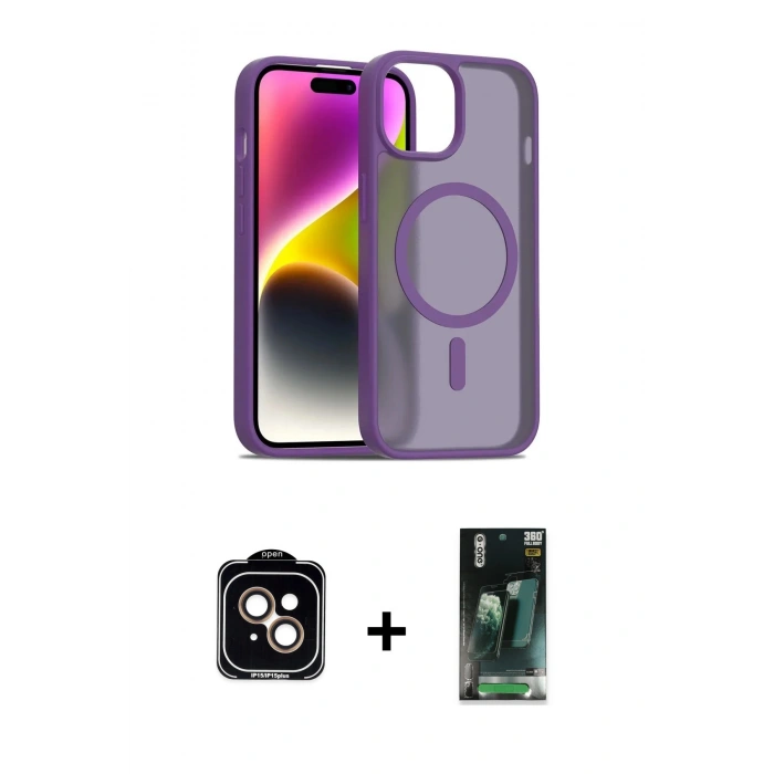 MARSİLYAN™- iPhone 14 Kılıf Siluet Minimal Prime - Şeffaf 360 Full Body Arka Koruyucu + PVD Metal Kamera Lens - TU