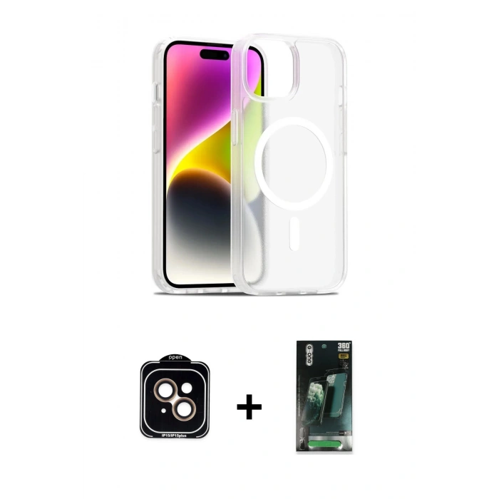 MARSİLYAN™- iPhone 14 Kılıf Siluet Minimal Prime - Şeffaf 360 Full Body Arka Koruyucu + PVD Metal Kamera Lens - TU