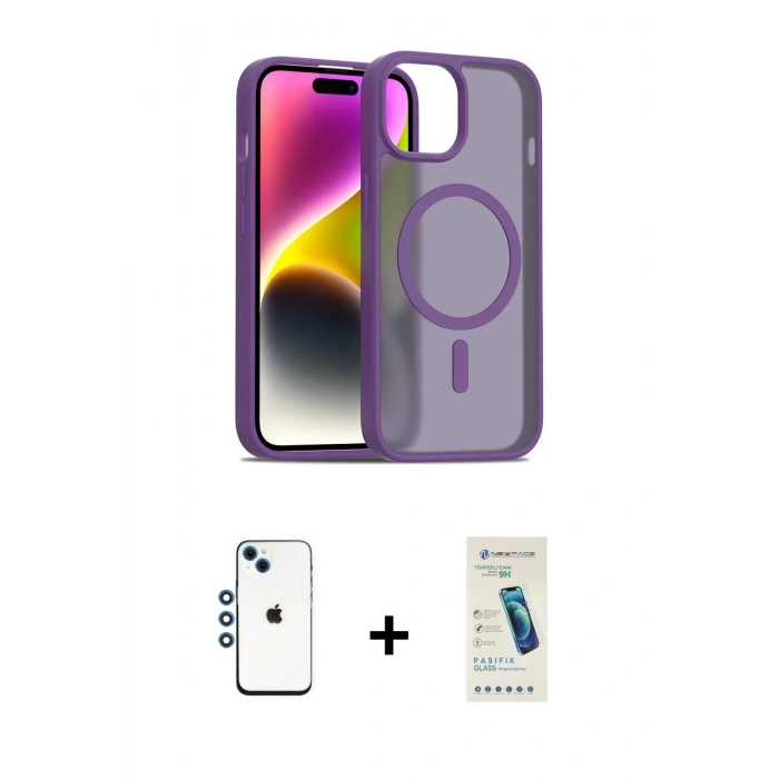 MARSİLYAN™- iPhone 14 Kılıf Siluet Minimal Prime - Şeffaf Pasifik Cam Ekran Koruyucu + Shine Kamera Lens - MI