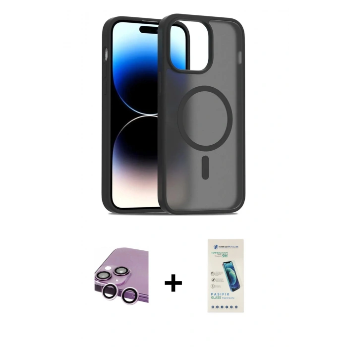 MARSİLYAN™- iPhone 14 Kılıf Siluet Minimal Prime - Şeffaf Pasifik Cam Ekran Koruyucu + Raze Metal Kamera Lens - MR