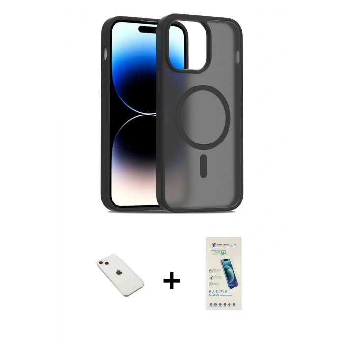 MARSİLYAN™- iPhone 14 Kılıf Siluet Minimal Prime - Şeffaf Pasifik Cam Ekran Koruyucu + Pembe Diamond Kamera Lens
