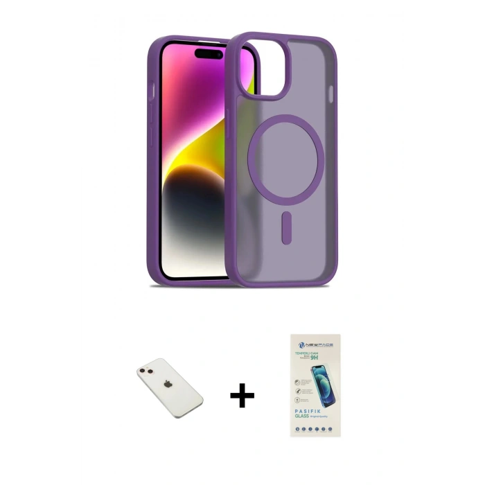MARSİLYAN™- iPhone 14 Kılıf Siluet Minimal Prime - Şeffaf Pasifik Cam Ekran Koruyucu + Pembe Diamond Kamera Lens
