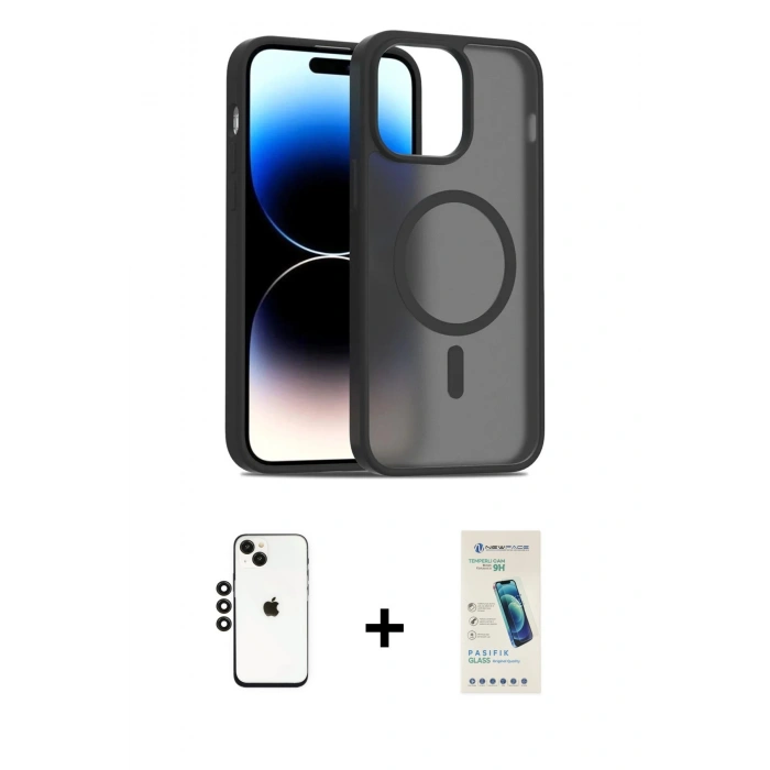 MARSİLYAN™- iPhone 14 Kılıf Siluet Minimal Prime - Şeffaf Pasifik Cam Ekran Koruyucu + Siyah Shine Kamera Lens