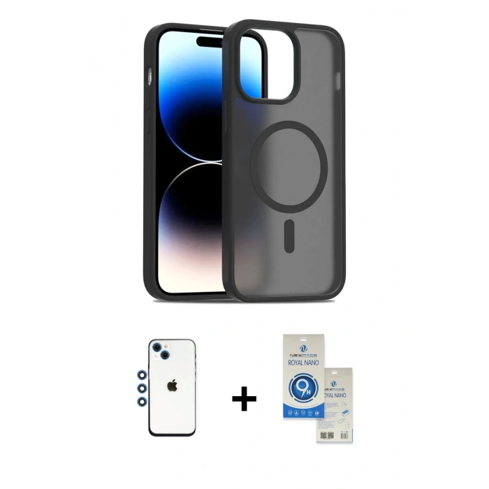 MARSİLYAN™- iPhone 14 Kılıf Siluet Minimal Prime - Şeffaf Royal Nano Ekran Koruyucu + Shine Kamera Lens - MI