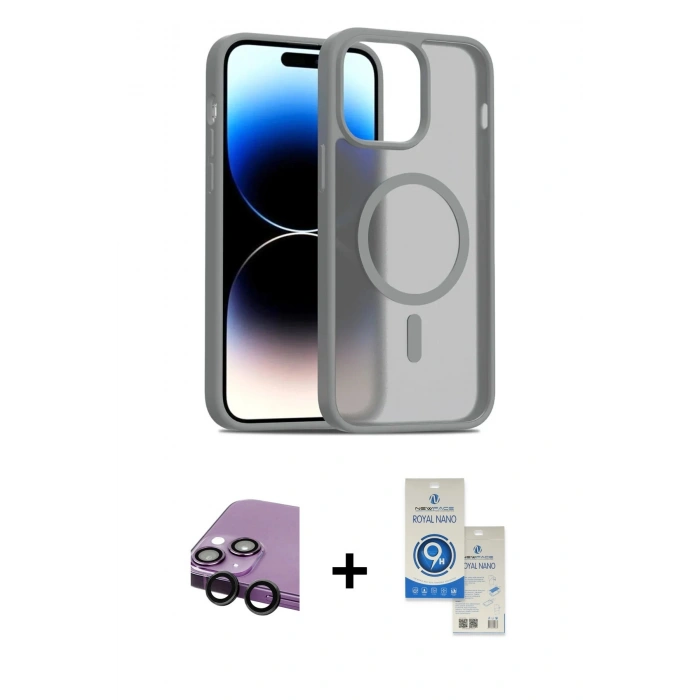 MARSİLYAN™- iPhone 14 Kılıf Siluet Minimal Prime - Şeffaf Royal Nano Ekran Koruyucu + Raze Metal Kamera Lens - SH
