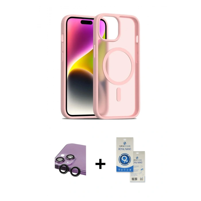 MARSİLYAN™- iPhone 14 Kılıf Siluet Minimal Prime - Şeffaf Royal Nano Ekran Koruyucu + Raze Metal Kamera Lens - SH