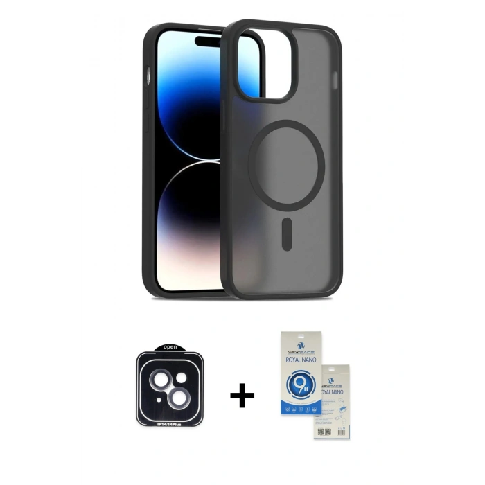 MARSİLYAN™- iPhone 14 Kılıf Siluet Minimal Prime - Şeffaf Royal Nano Ekran Koruyucu + PVD Metal Kamera Lens - SH