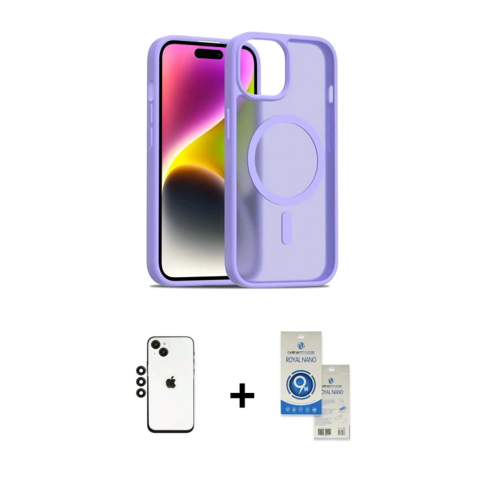 MARSİLYAN™- iPhone 14 Kılıf Siluet Minimal Prime - Şeffaf Royal Nano Ekran Koruyucu + Shine Kamera Lens - SH