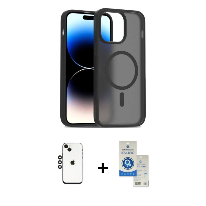 MARSİLYAN™- iPhone 14 Kılıf Siluet Minimal Prime - Şeffaf Royal Nano Ekran Koruyucu + Shine Kamera Lens - SH