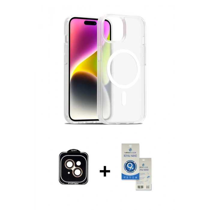 MARSİLYAN™- iPhone 14 Kılıf Siluet Minimal Prime - Şeffaf Royal Nano Ekran Koruyucu + PVD Metal Kamera Lens - TU