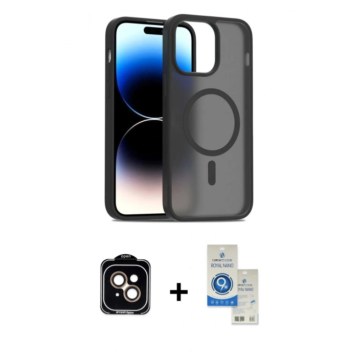 MARSİLYAN™- iPhone 14 Kılıf Siluet Minimal Prime - Şeffaf Royal Nano Ekran Koruyucu + PVD Metal Kamera Lens - TU