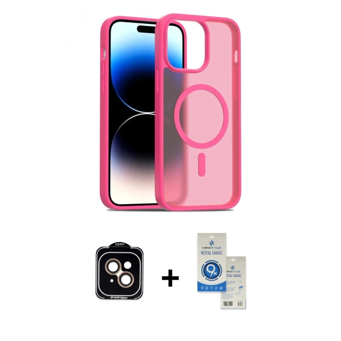 MARSİLYAN™- iPhone 14 Kılıf Siluet Minimal Prime - Şeffaf Royal Nano Ekran Koruyucu + PVD Metal Kamera Lens - TU