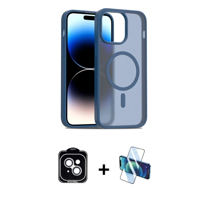MARSİLYAN™- iPhone 14 Kılıf Siluet Minimal Prime - Siyah 3D Antistatik Cam Ekran Koruyucu + PVD Metal Kamera Lens - GS