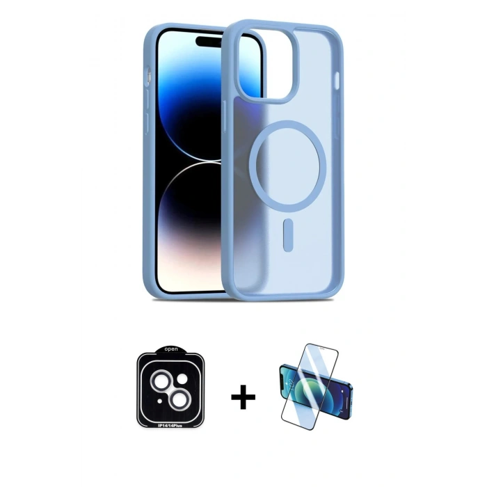 MARSİLYAN™- iPhone 14 Kılıf Siluet Minimal Prime - Siyah 3D Antistatik Cam Ekran Koruyucu + PVD Metal Kamera Lens - GS