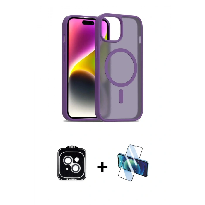 MARSİLYAN™- iPhone 14 Kılıf Siluet Minimal Prime - Siyah 3D Antistatik Cam Ekran Koruyucu + PVD Metal Kamera Lens - GS
