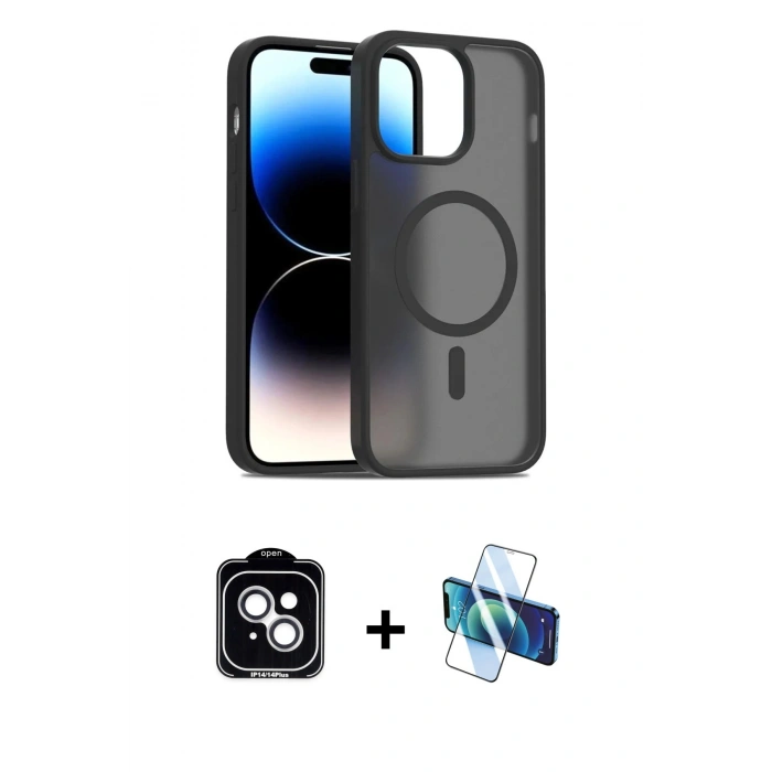 MARSİLYAN™- iPhone 14 Kılıf Siluet Minimal Prime - Siyah 3D Antistatik Cam Ekran Koruyucu + PVD Metal Kamera Lens - GS