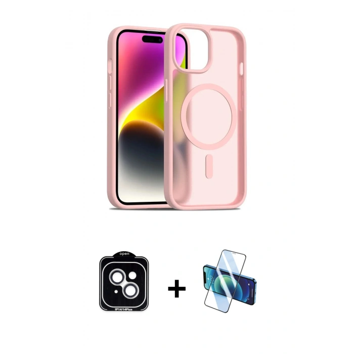 MARSİLYAN™- iPhone 14 Kılıf Siluet Minimal Prime - Siyah 3D Antistatik Cam Ekran Koruyucu + PVD Metal Kamera Lens - GS