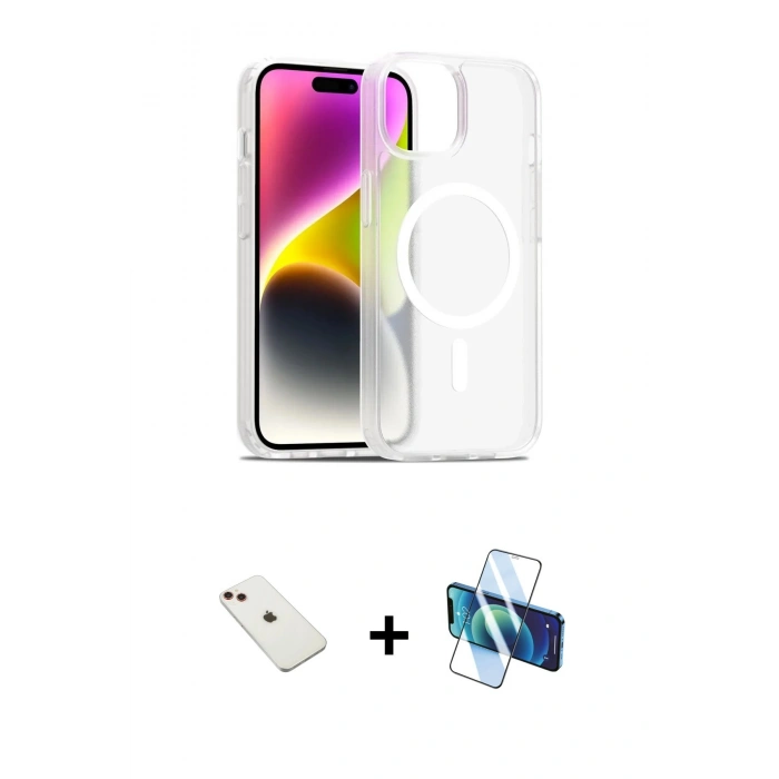 MARSİLYAN™- iPhone 14 Kılıf Siluet Minimal Prime - Siyah 3D Antistatik Cam Ekran Koruyucu + Diamond Kamera Lens - KI