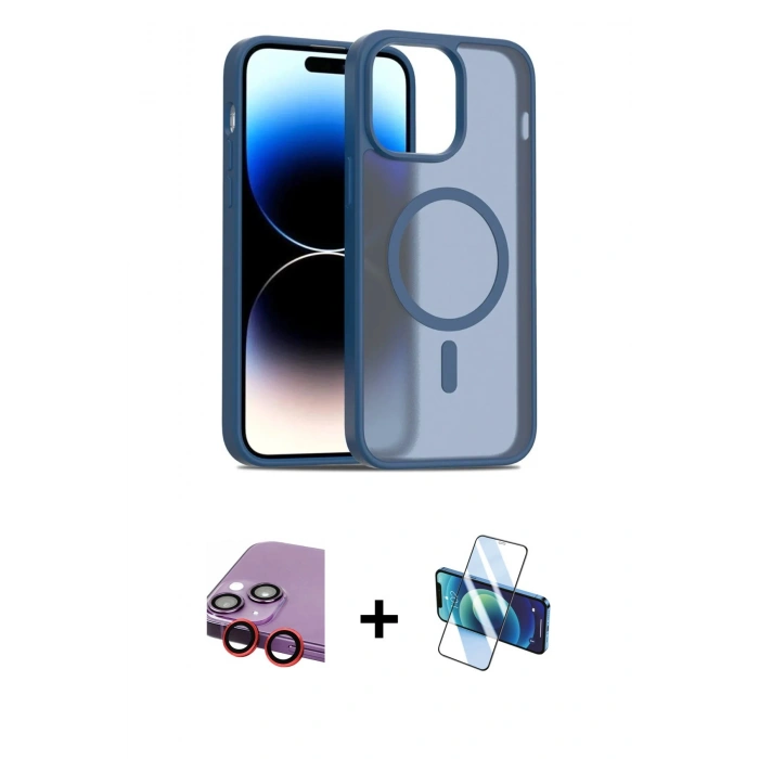 MARSİLYAN™- iPhone 14 Kılıf Siluet Minimal Prime - Siyah 3D Antistatik Cam Ekran Koruyucu + Raze Metal Kamera Lens - KI