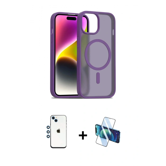 MARSİLYAN™- iPhone 14 Kılıf Siluet Minimal Prime - Siyah 3D Antistatik Cam Ekran Koruyucu + Shine Kamera Lens - MI