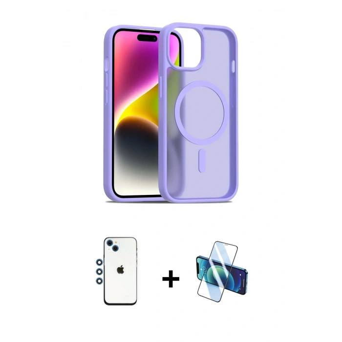 MARSİLYAN™- iPhone 14 Kılıf Siluet Minimal Prime - Siyah 3D Antistatik Cam Ekran Koruyucu + Shine Kamera Lens - MI