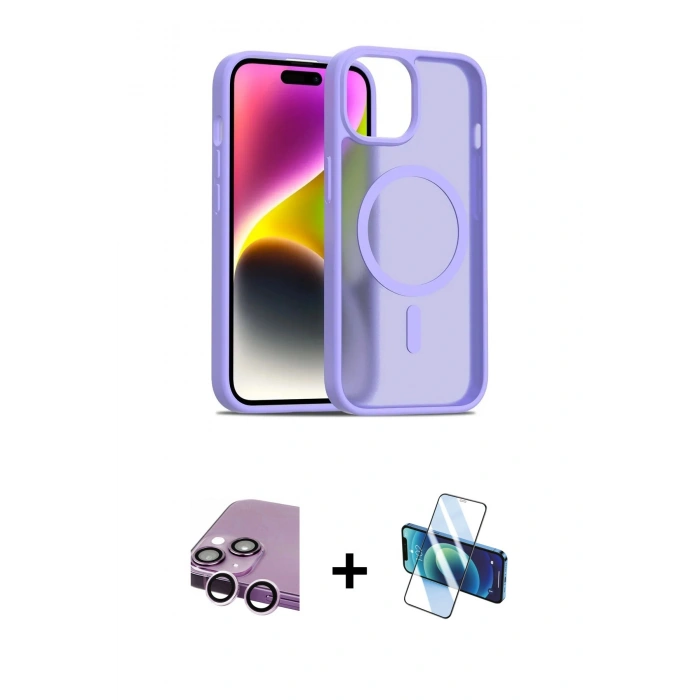 MARSİLYAN™- iPhone 14 Kılıf Siluet Minimal Prime - Siyah 3D Antistatik Cam Ekran Koruyucu + Raze Metal Kamera Lens - MR