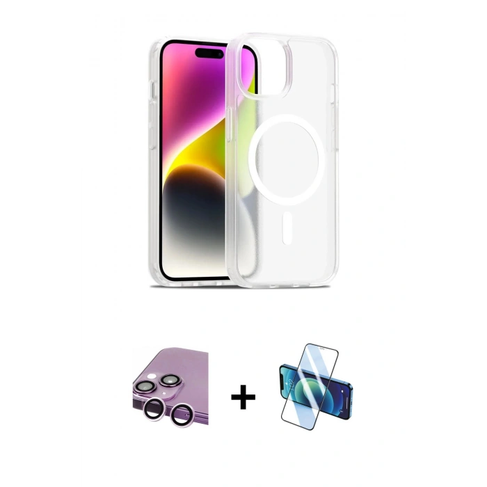 MARSİLYAN™- iPhone 14 Kılıf Siluet Minimal Prime - Siyah 3D Antistatik Cam Ekran Koruyucu + Raze Metal Kamera Lens - MR