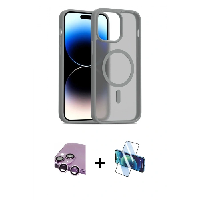 MARSİLYAN™- iPhone 14 Kılıf Siluet Minimal Prime - Siyah 3D Antistatik Cam Ekran Koruyucu + Raze Metal Kamera Lens - MR
