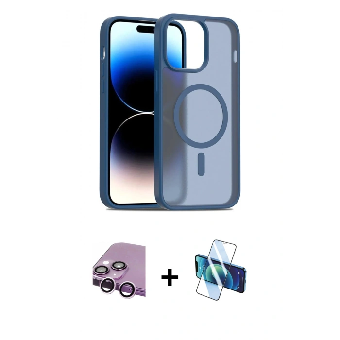MARSİLYAN™- iPhone 14 Kılıf Siluet Minimal Prime - Siyah 3D Antistatik Cam Ekran Koruyucu + Raze Metal Kamera Lens - MR